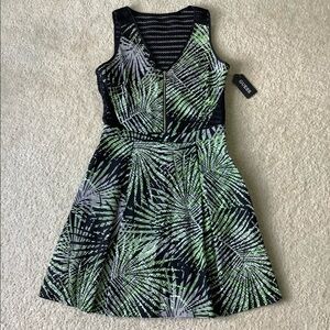 GUESS Green and Black Illusion Stripe Palm Fit and Flare Sleeveless Skater Dress